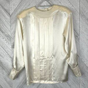 Vintage Max Mara Silk Blouse Womens US Size 6 Cream Satin Long Sleeve Top Italy